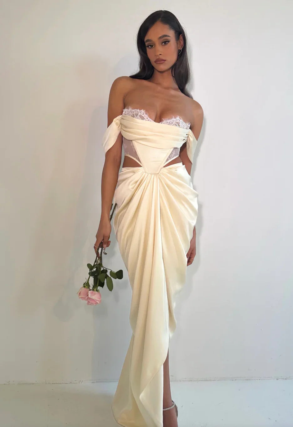 Umbrielle Pearl White Lace Satin Corset Off Shoulder Gown