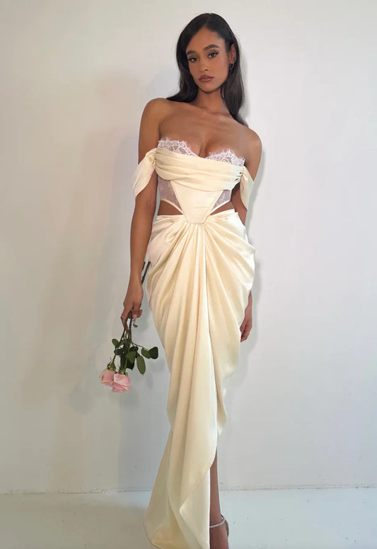 Umbrielle Pearl White Lace Satin Corset Off Shoulder Gown