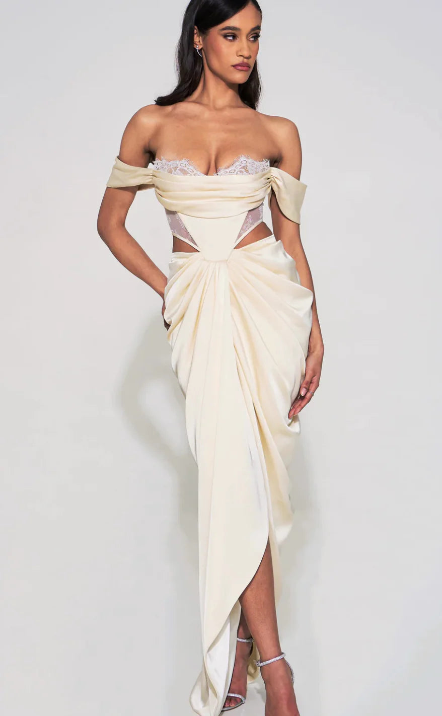 Umbrielle Pearl White Lace Satin Corset Off Shoulder Gown