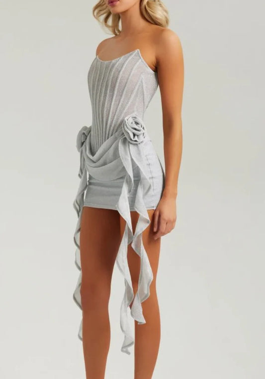 SILVER LUREX CORSET DRAPE MINI DRESS WITH FLOWERS