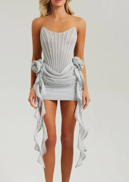SILVER LUREX CORSET DRAPE MINI DRESS WITH FLOWERS