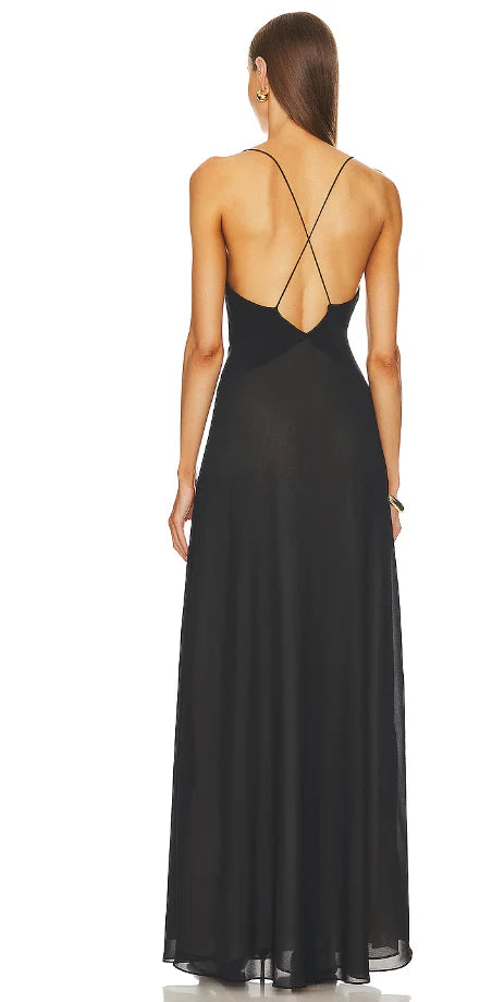 Sheer Deep V Long Slip Dress - HELSA
