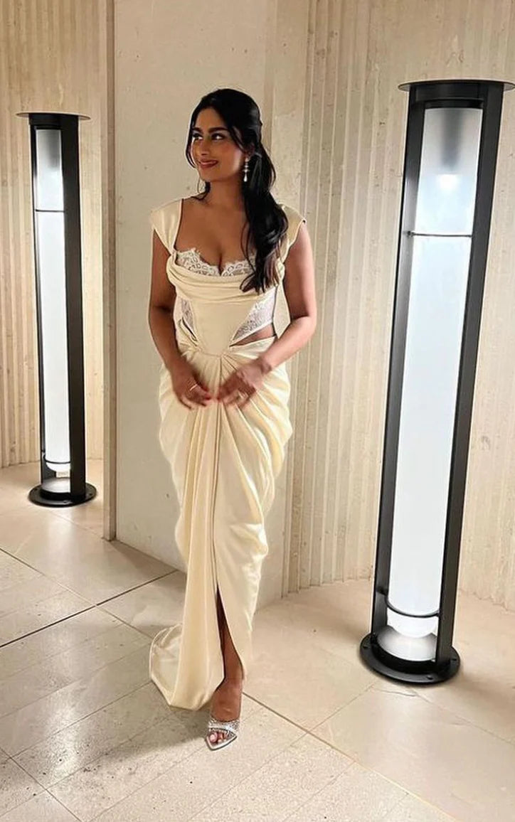 Umbrielle Pearl White Lace Satin Corset Off Shoulder Gown
