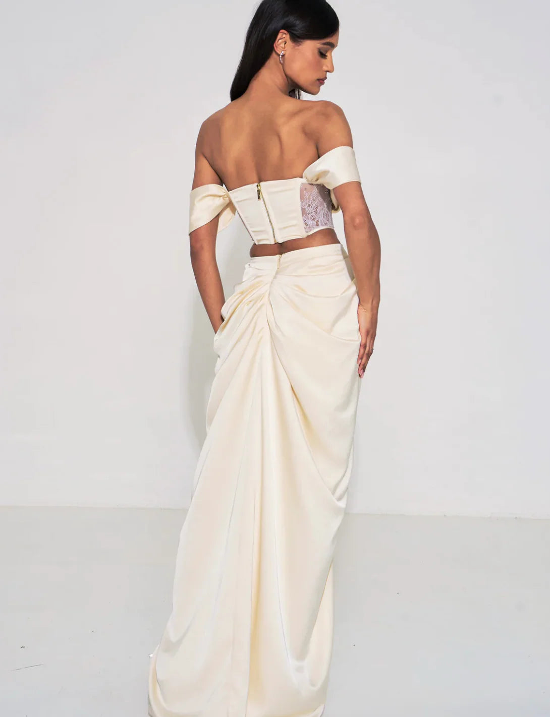 Umbrielle Pearl White Lace Satin Corset Off Shoulder Gown